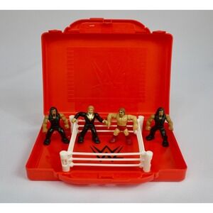 WWE Mighty Minis Portable Wrestling  Ring Red Case 4 Mini Figures LOOK